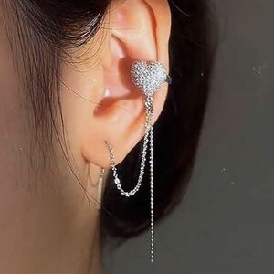 Silver Heart Ear Cuff (One) with Ear Thread Earring